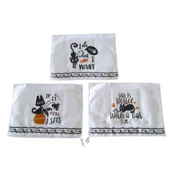 Set of 3 New Cotton Kitchen Dish Towels Cat lovers Themes and Quotes - Picture 2 of 8